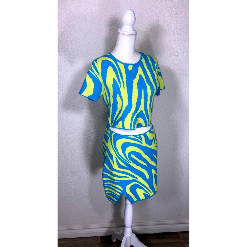 Double Zero Zebra Swirl Knit 2‎ Piece Set Crop Top Mini Skirt Blue Lime Green M